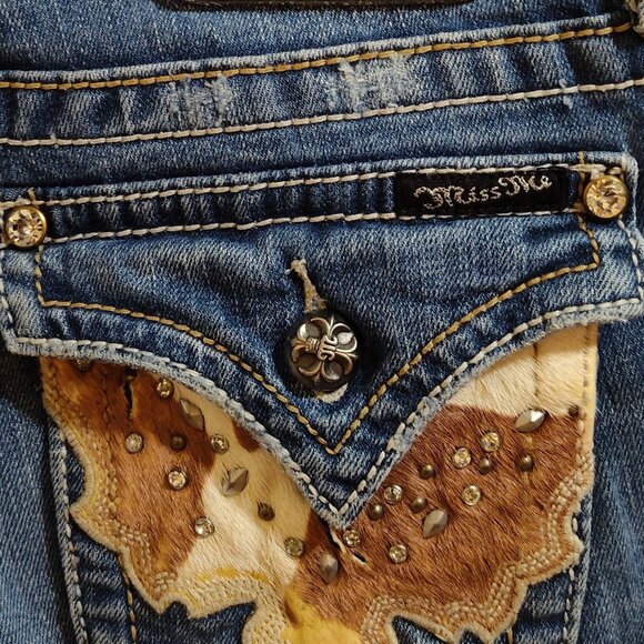 Miss Me Cowhide Fuzzy Flap Back Pockets Bootcut Style JW4292B6 Size 26 - Picture 9 of 9